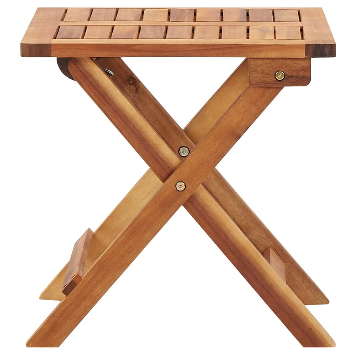 Kleiner, hölzerner Klapptisch mit X-förmigem Bein-Design.