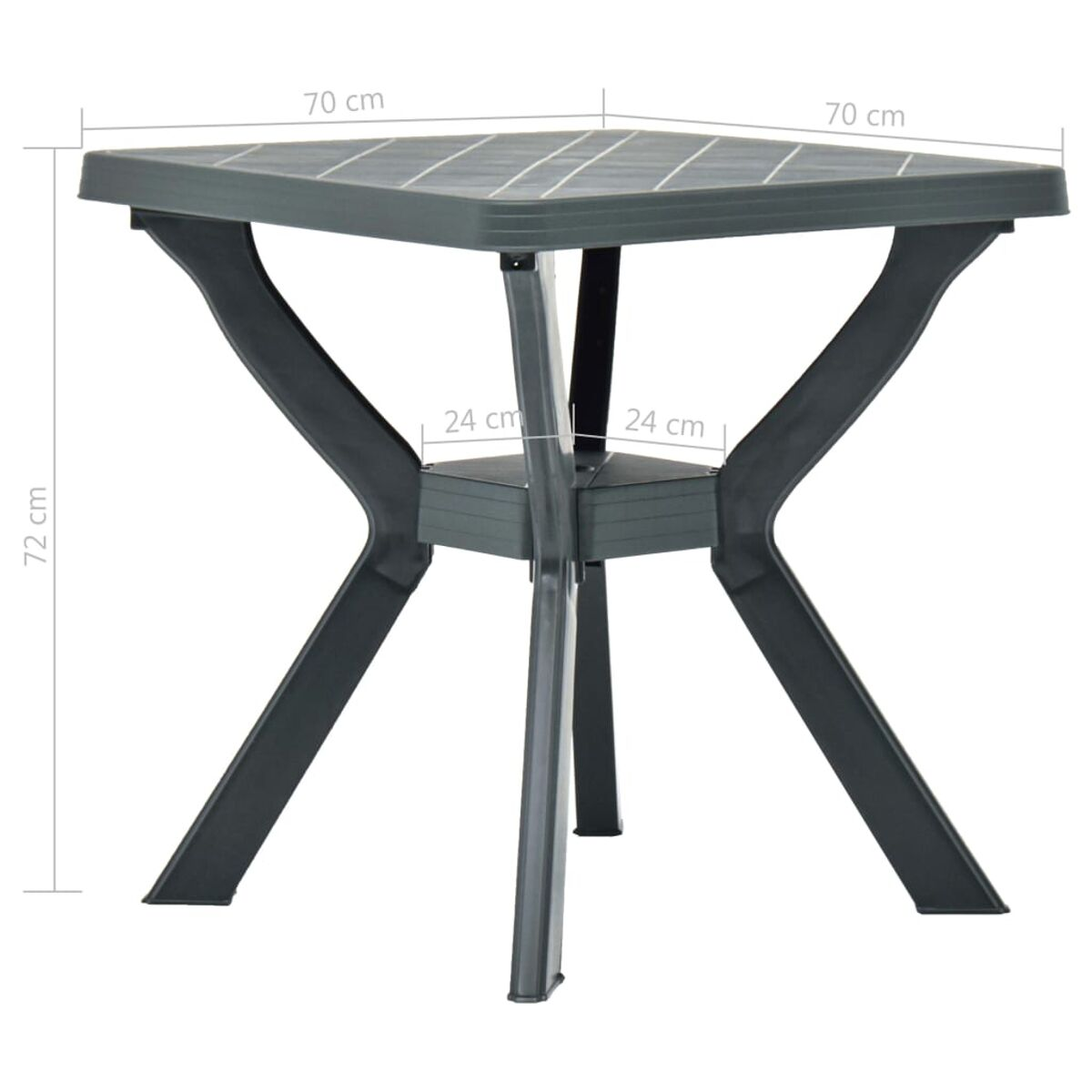Ein quadratischer, dunkelgrauer Tisch mit Maßen. Weißer Hintergrund.