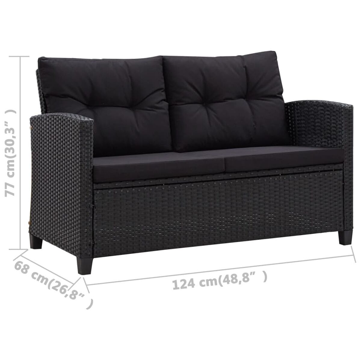 Schwarzes Sofa aus Rattan mit zwei Kissen. Maße: 124x77x68 cm.