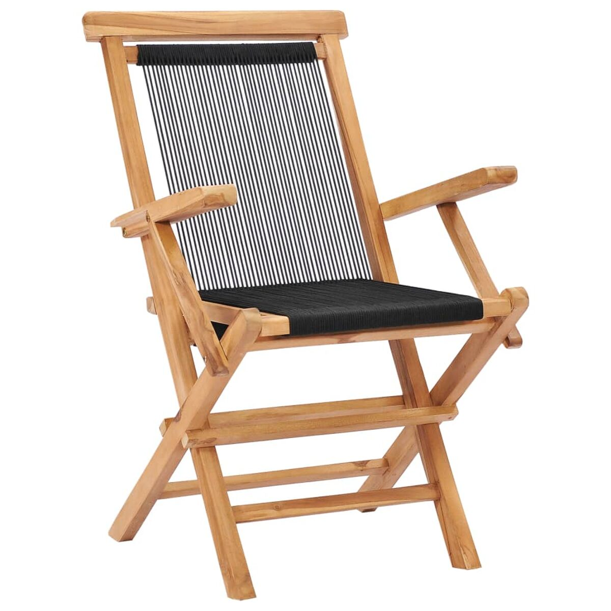 Ein Holzklappstuhl mit schwarzem Seil-Sitz.