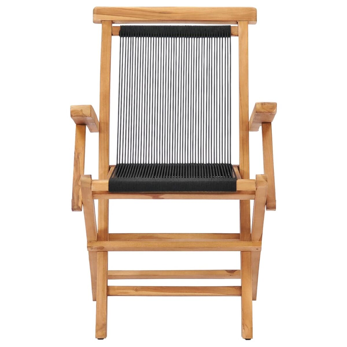 Holzstuhl mit schwarzem Webstuhl. Er hat Armlehnen und eine Lamellenlehne. Der Stuhl steht allein.