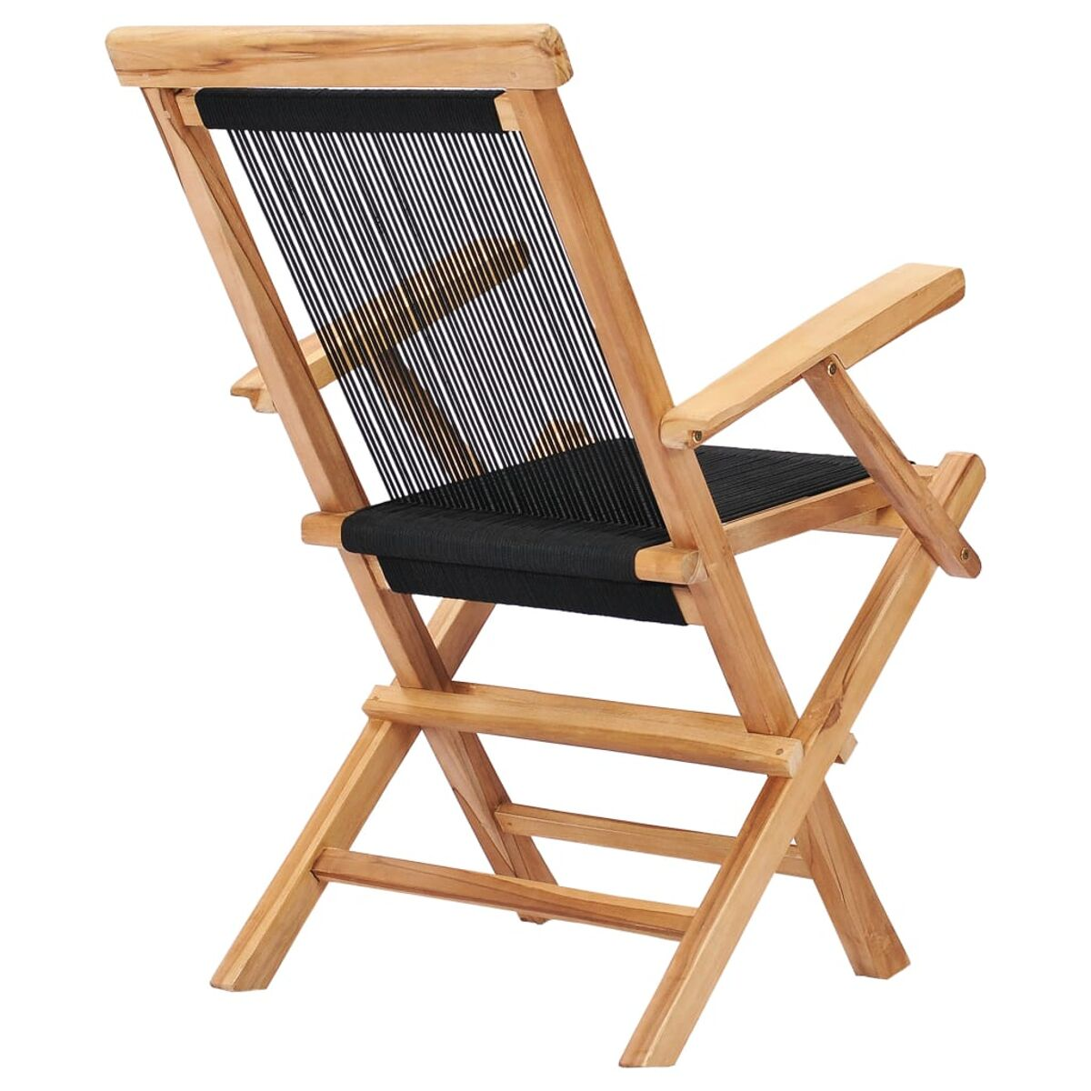 Ein klappbarer Holzstuhl mit schwarzem gewebtem Sitz und Rücken.