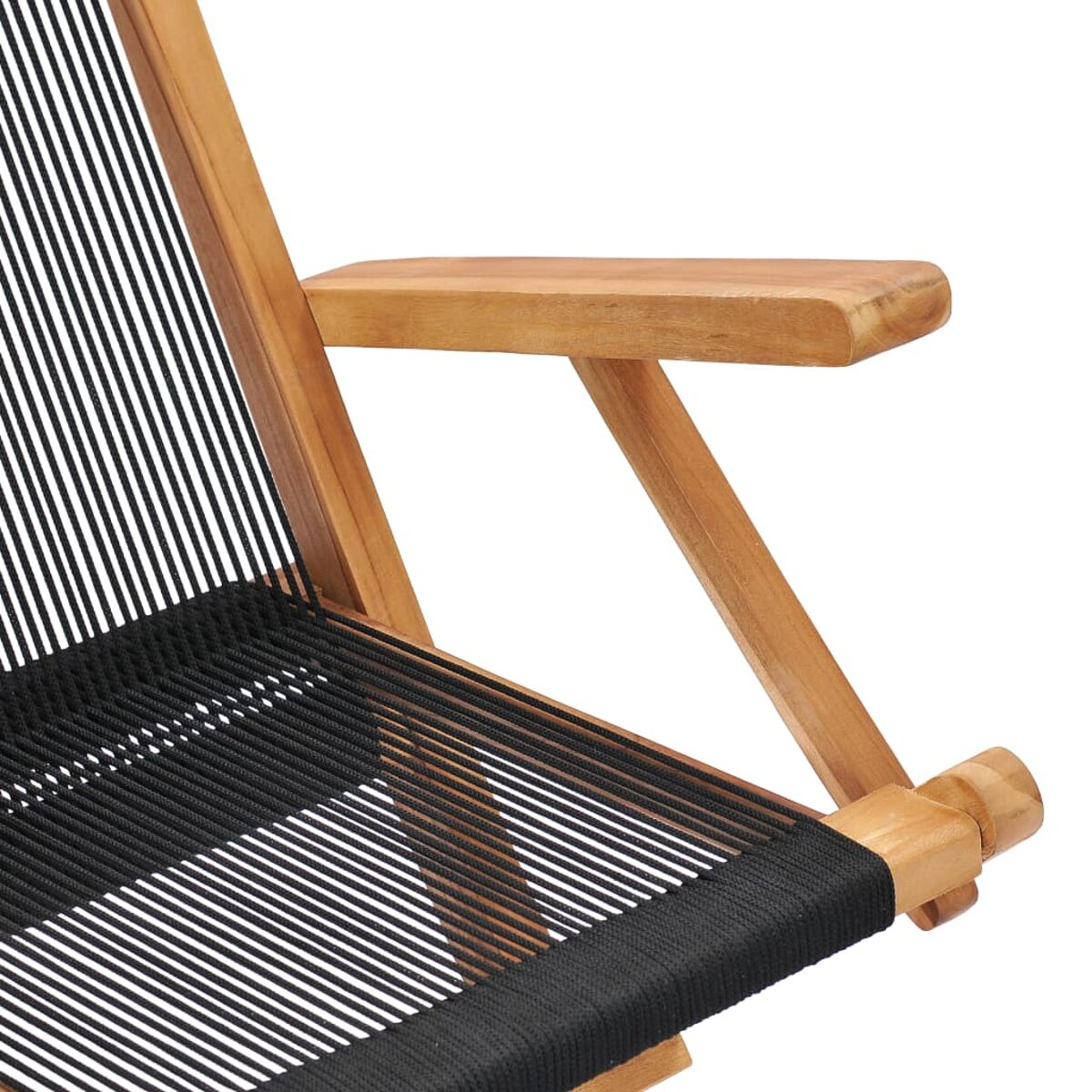 Holzstuhl mit schwarzem, gewebtem Seilsitz und -rücken. Hat eine Holzarmlehne. Einfaches Design.