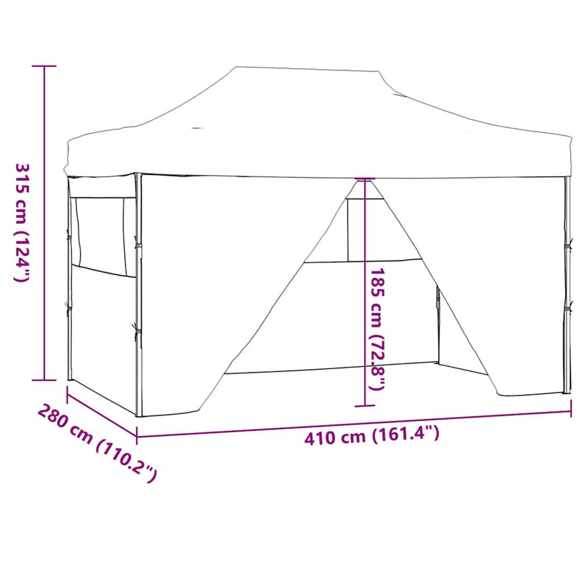 Weißes Außenzelt mit Maßen. Höhe: 315 cm, Breite: 280 cm, Länge: 410 cm.
