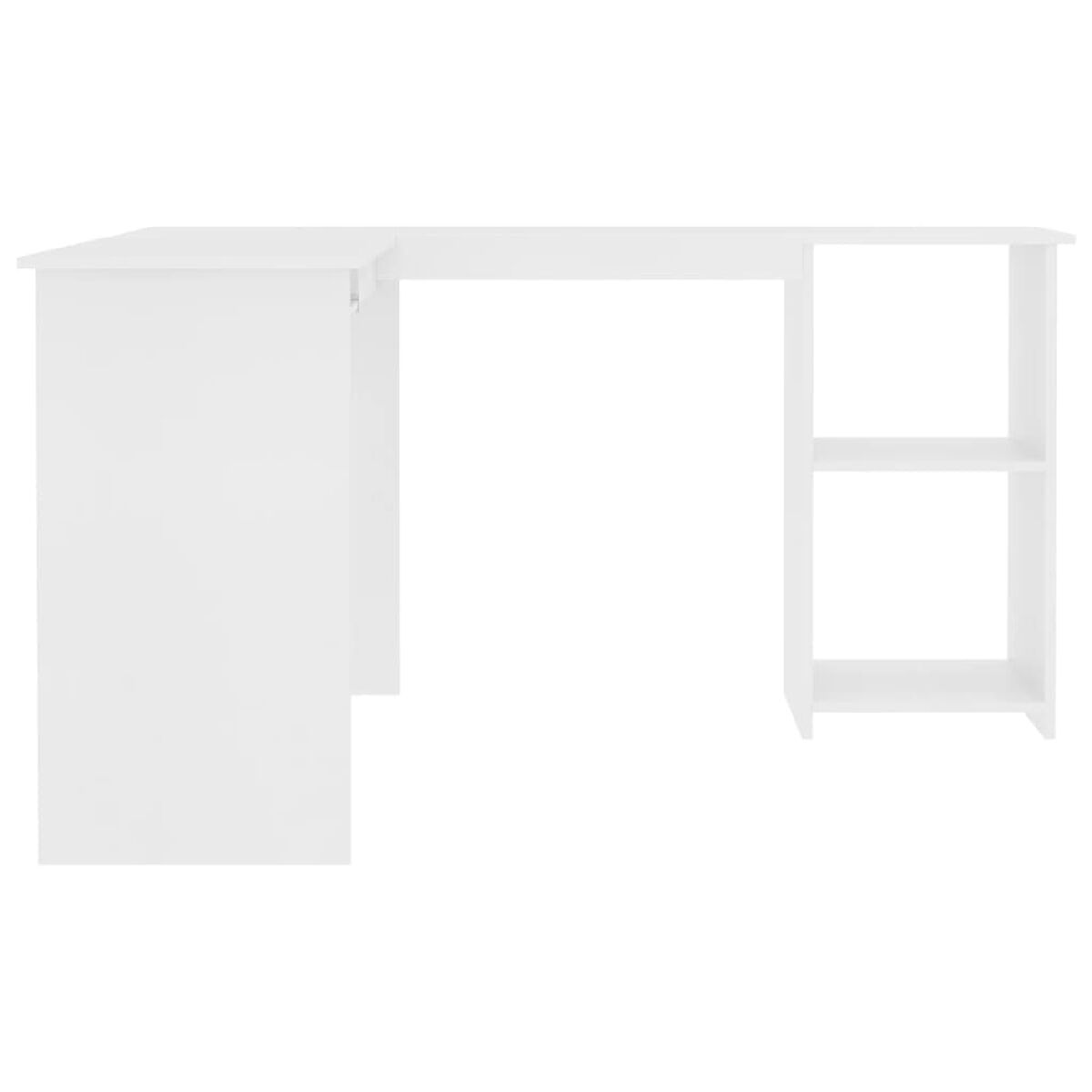 Weißer L-förmiger Schreibtisch mit einem Schrank links, einem Schreibtischbereich und Regalen rechts.