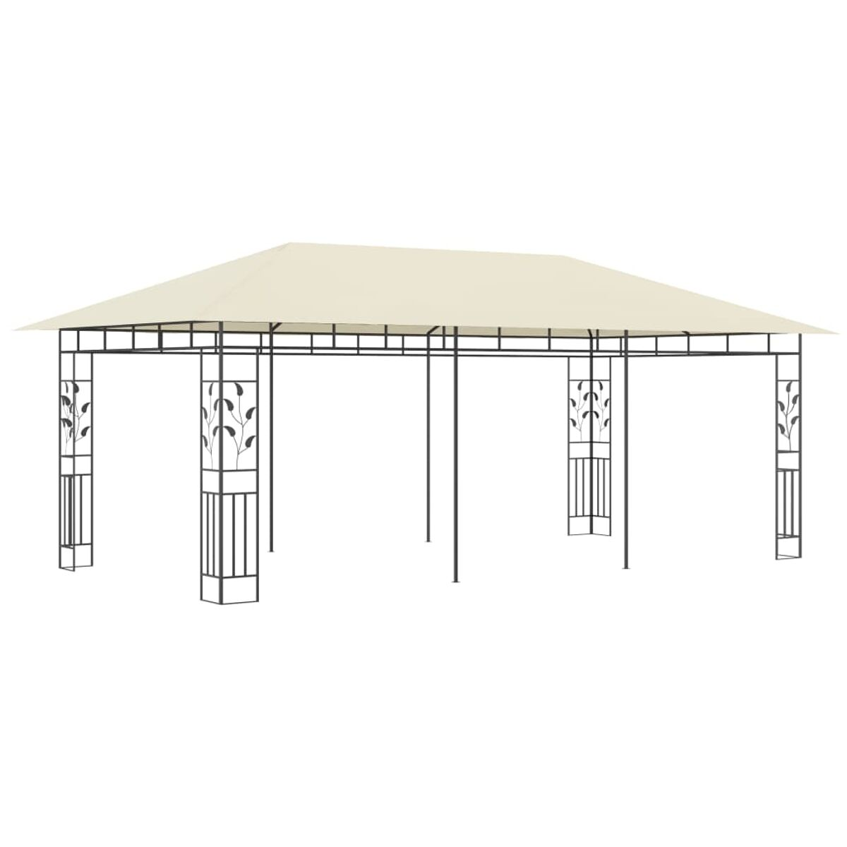 Ein weißes Gartenpavillon mit dekorativen schwarzen Säulen, cremefarbenem Dach und schlichtem Design.
