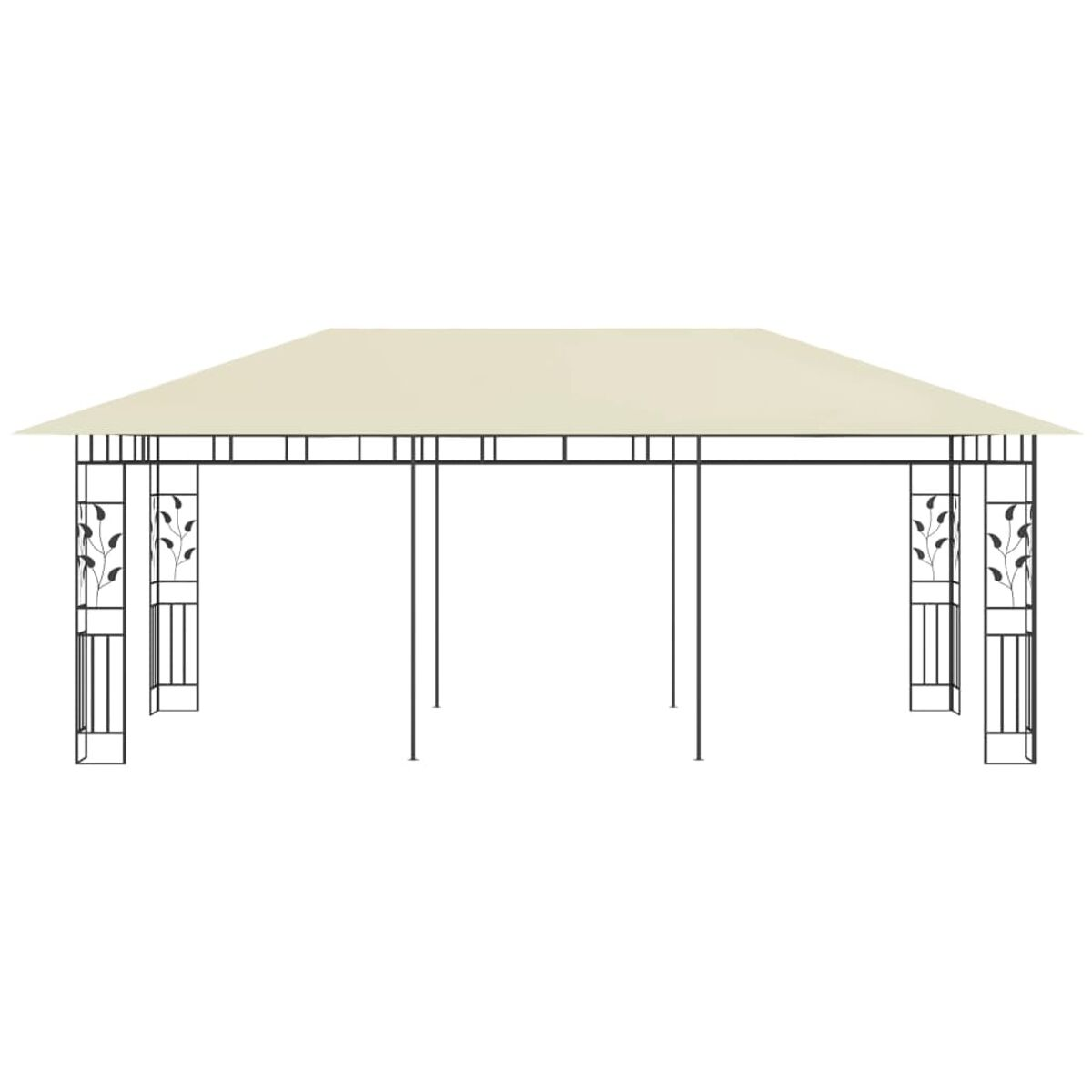 Ein beiger rechteckiger Pavillon mit schwarzen dekorativen Säulen, vor weißem Hintergrund.