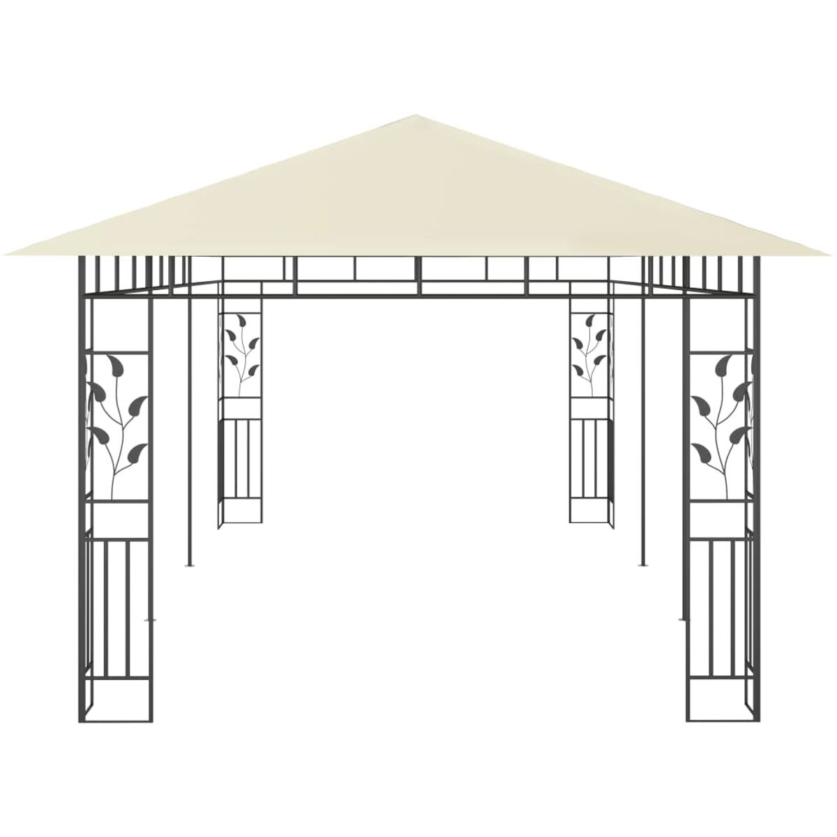 Weißer Pavillon mit schwarzem Rahmen, cremefarbenem Dach und Blattdesign.