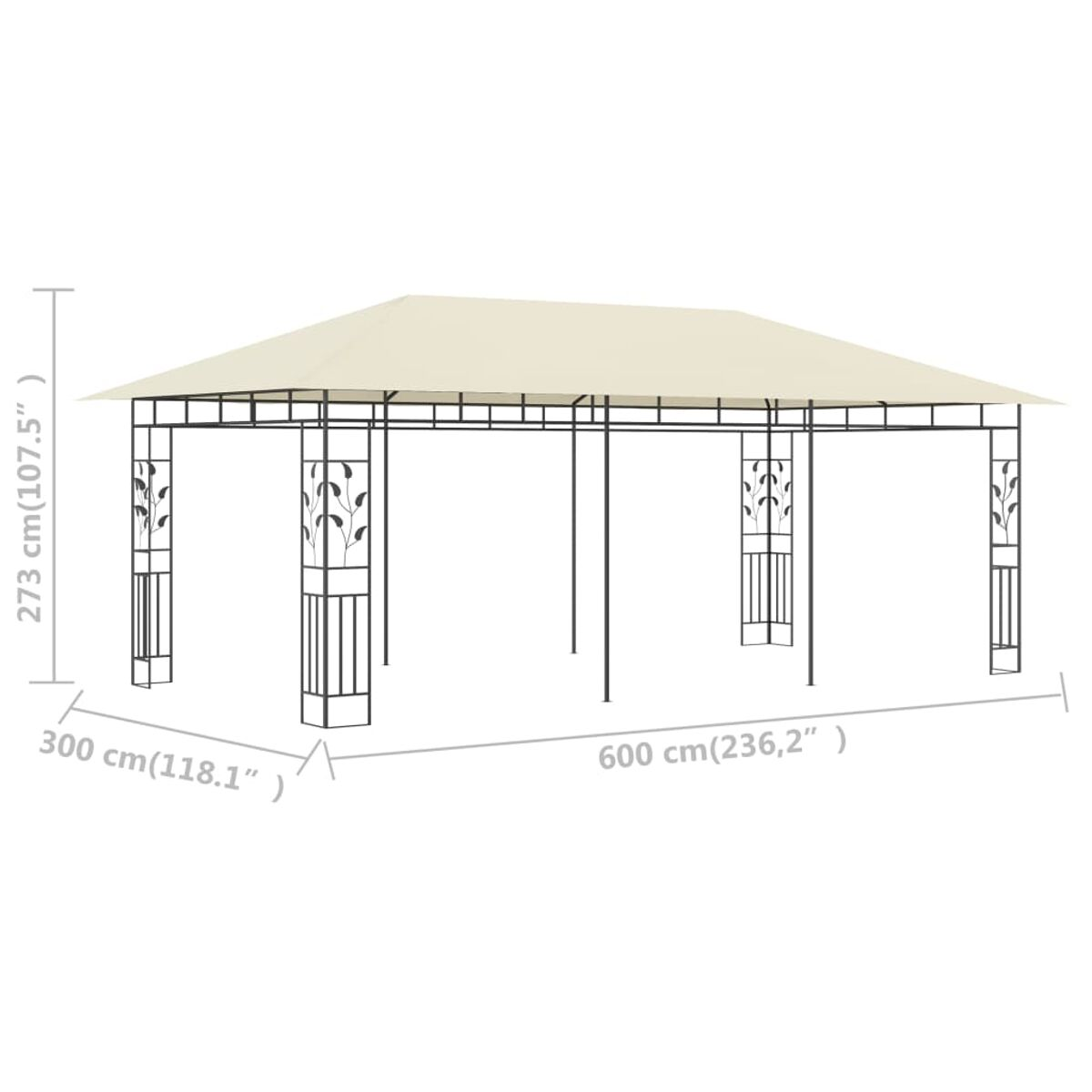 Beiger rechteckiger Pavillon mit beschrifteten Abmessungen, weißer Hintergrund.