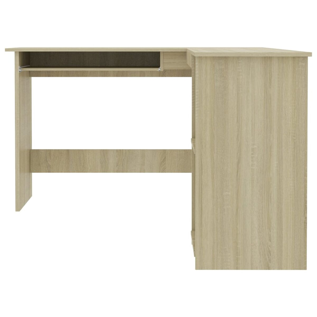 Ein Holzschreibtisch mit einer Tastaturablage und einem Stauraum. Der Schreibtisch ist hellbraun und hat ein sauberes Design.