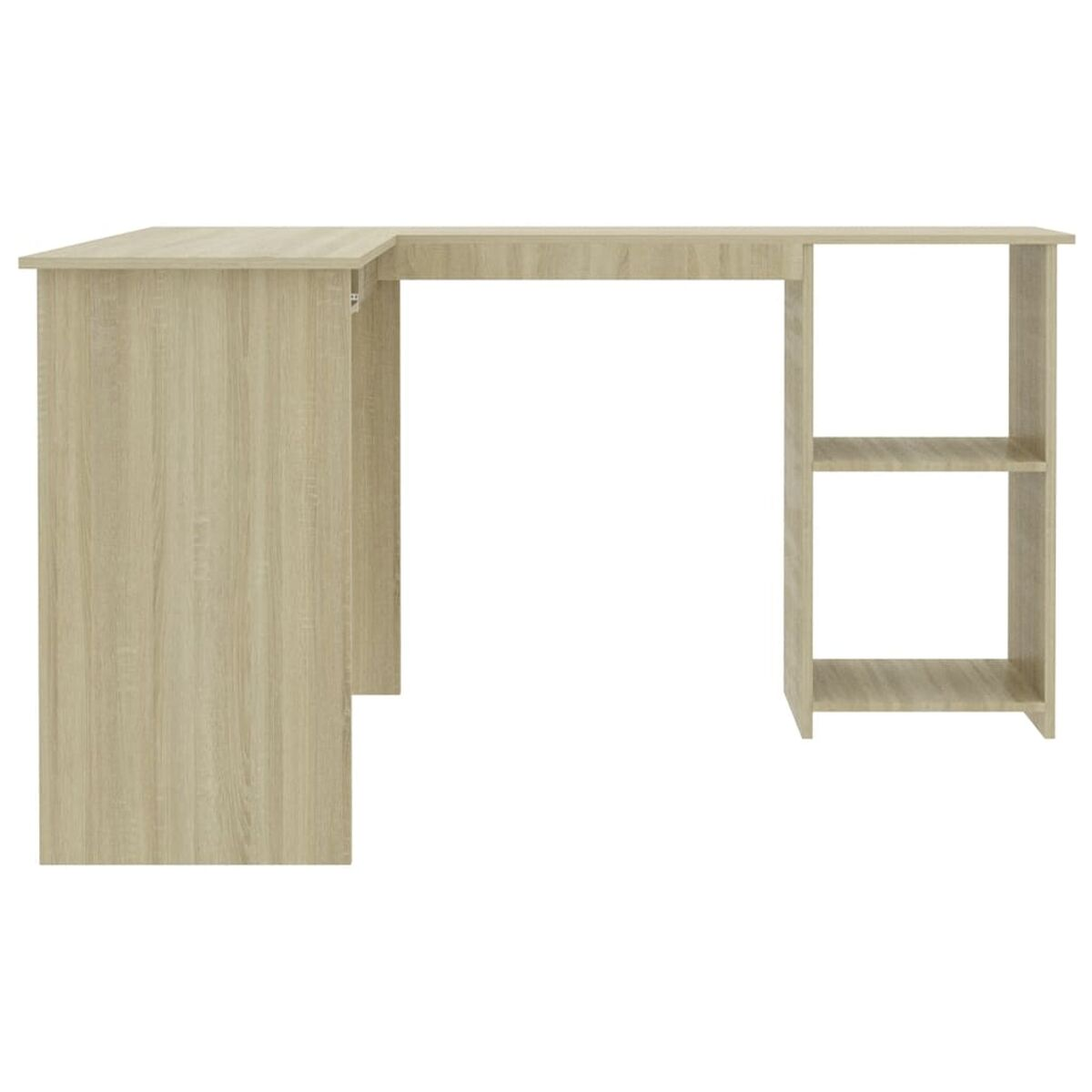 Heller Holzschreibtisch mit Ecke und zwei Regalen. Die Oberfläche ist hell.