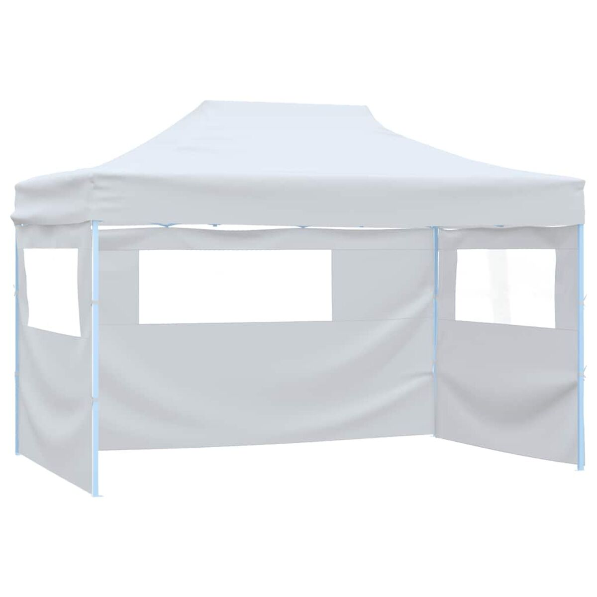 Weißer Pavillon mit Fenstern. Blauer Rahmen. Weißer Hintergrund.
