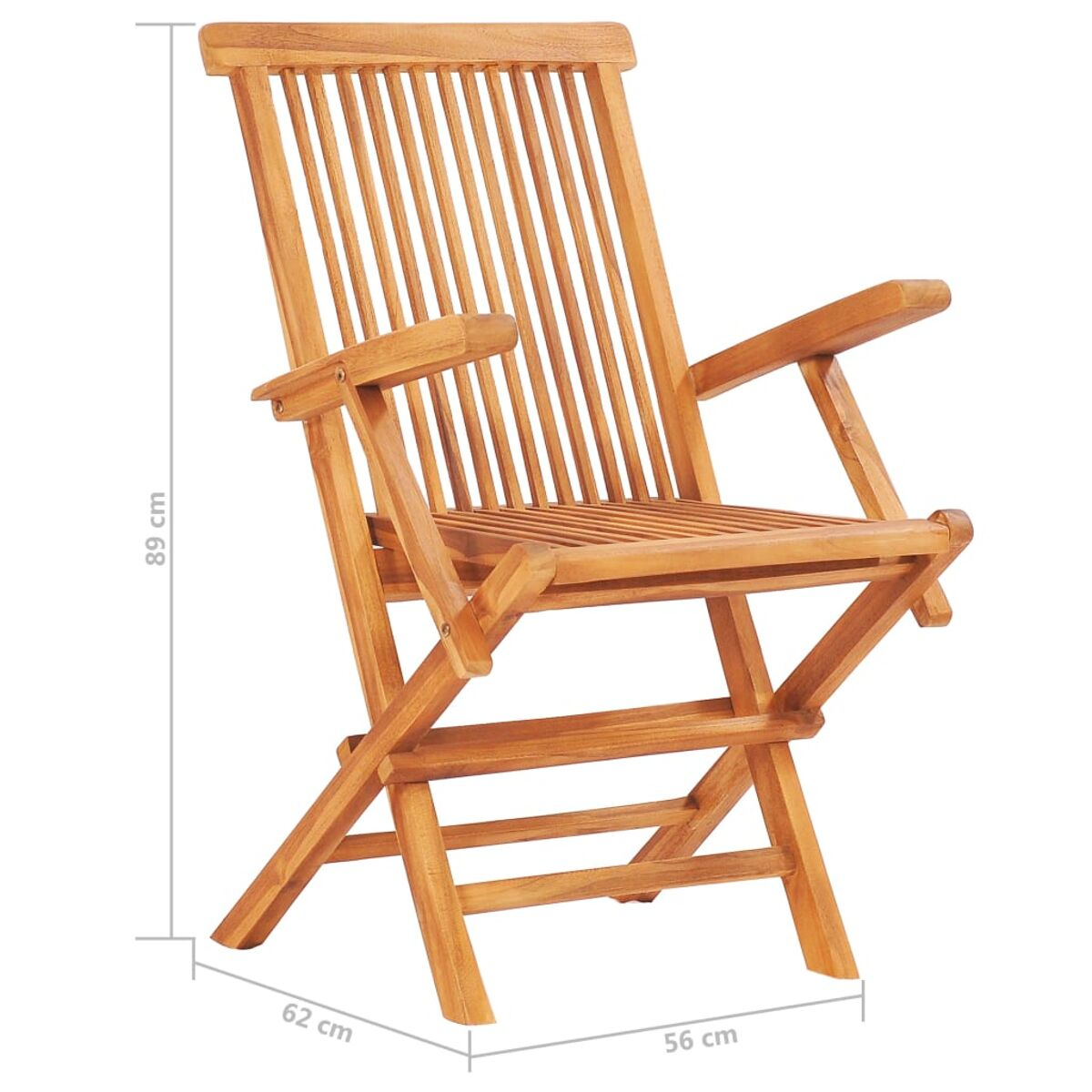 Klappstuhl aus Holz für den Außenbereich, mit offener Rückenlehne und Armlehnen, Maße angegeben.