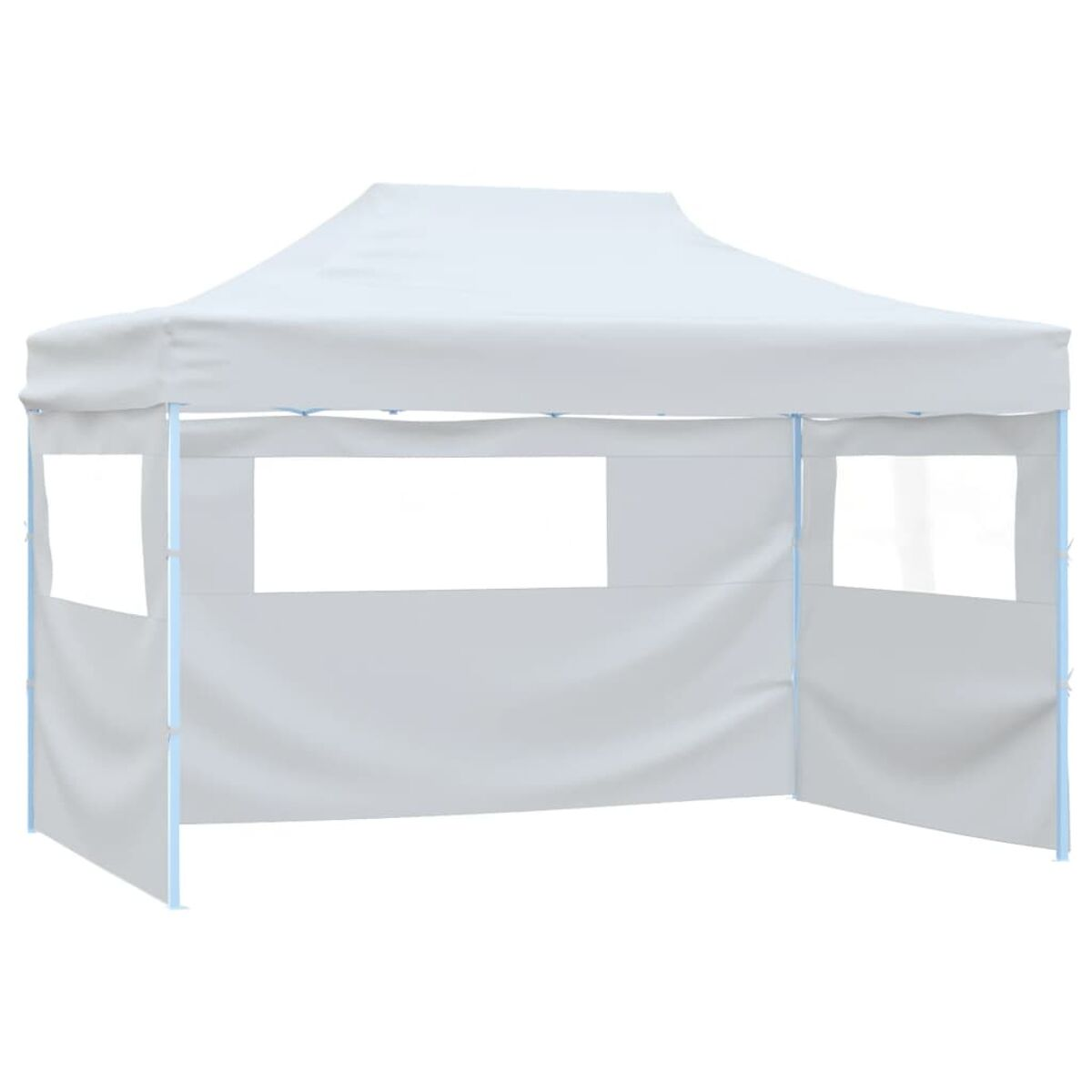 Weißes Pop-up-Zelt mit Fenstern. Das Zelt hat ein Spitzdach und steht auf weißem Untergrund.