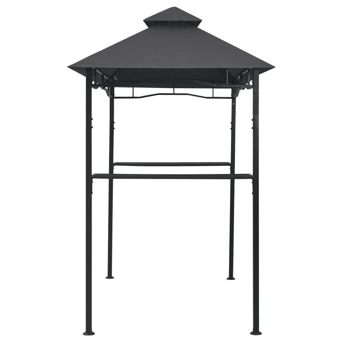 Schwarzer Metallpavillon mit Spitzdach, Regalen und Rahmen. Es ist auf weißem Hintergrund.