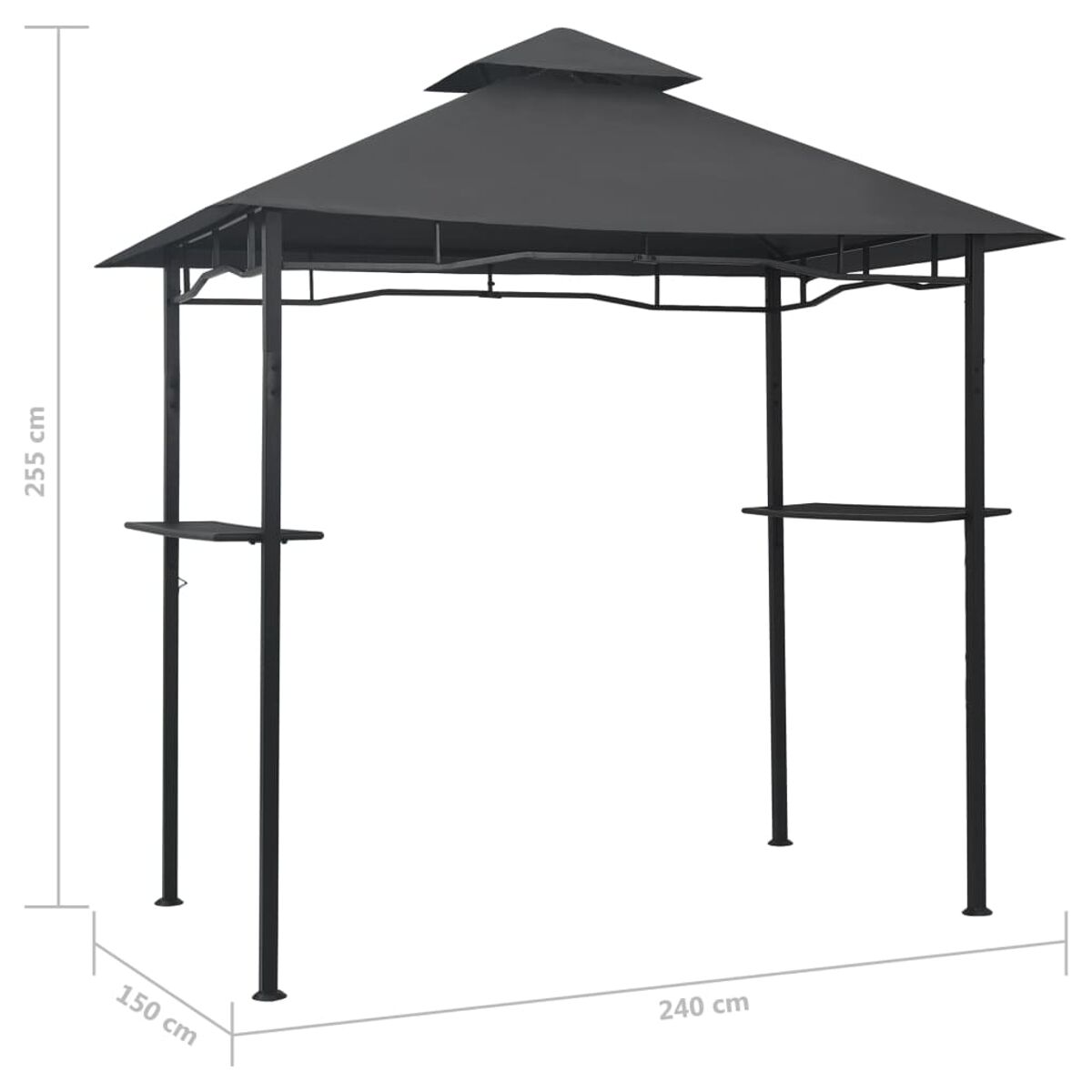 Ein schwarzer Pavillon mit spitzem Dach, mit Maßangaben in cm.