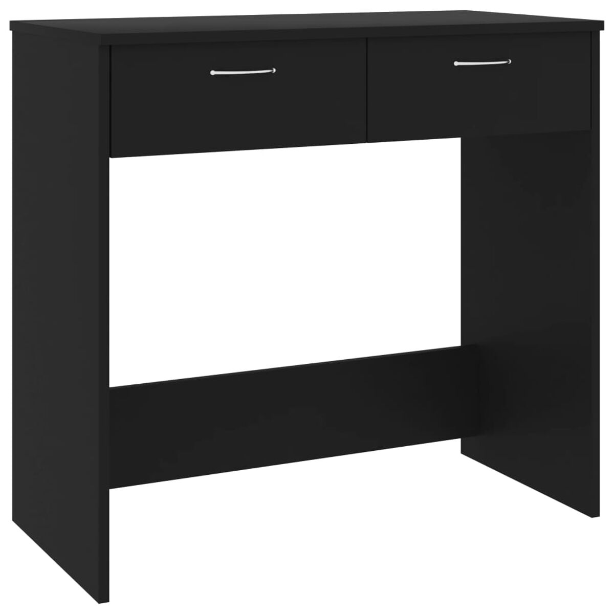 Schwarzer Schreibtisch mit zwei Schubladen. Silberne Griffe. Weißer Hintergrund.
