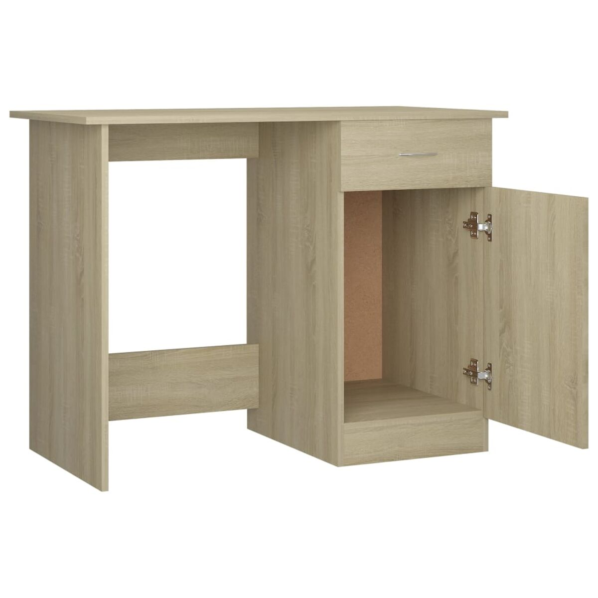 Ein heller Holzschreibtisch mit Schublade und offenem Schrank.