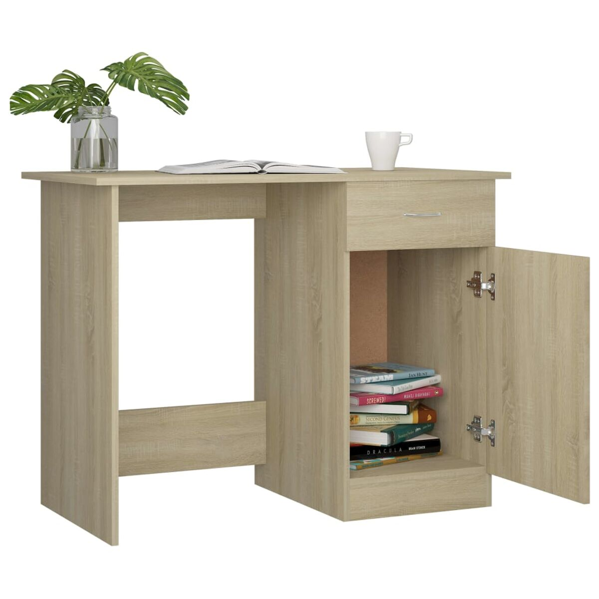 Heller Holzschreibtisch mit offenem Stauraum, Schublade und Pflanze. Bücher und eine Tasse stehen oben.