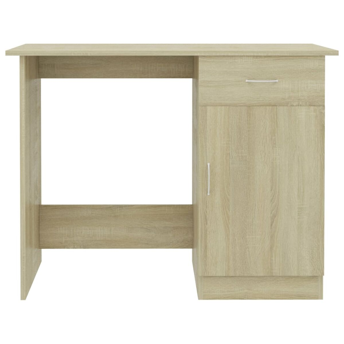 Holzschreibtisch mit Schublade und Schrank. Es hat ein einfaches Design.