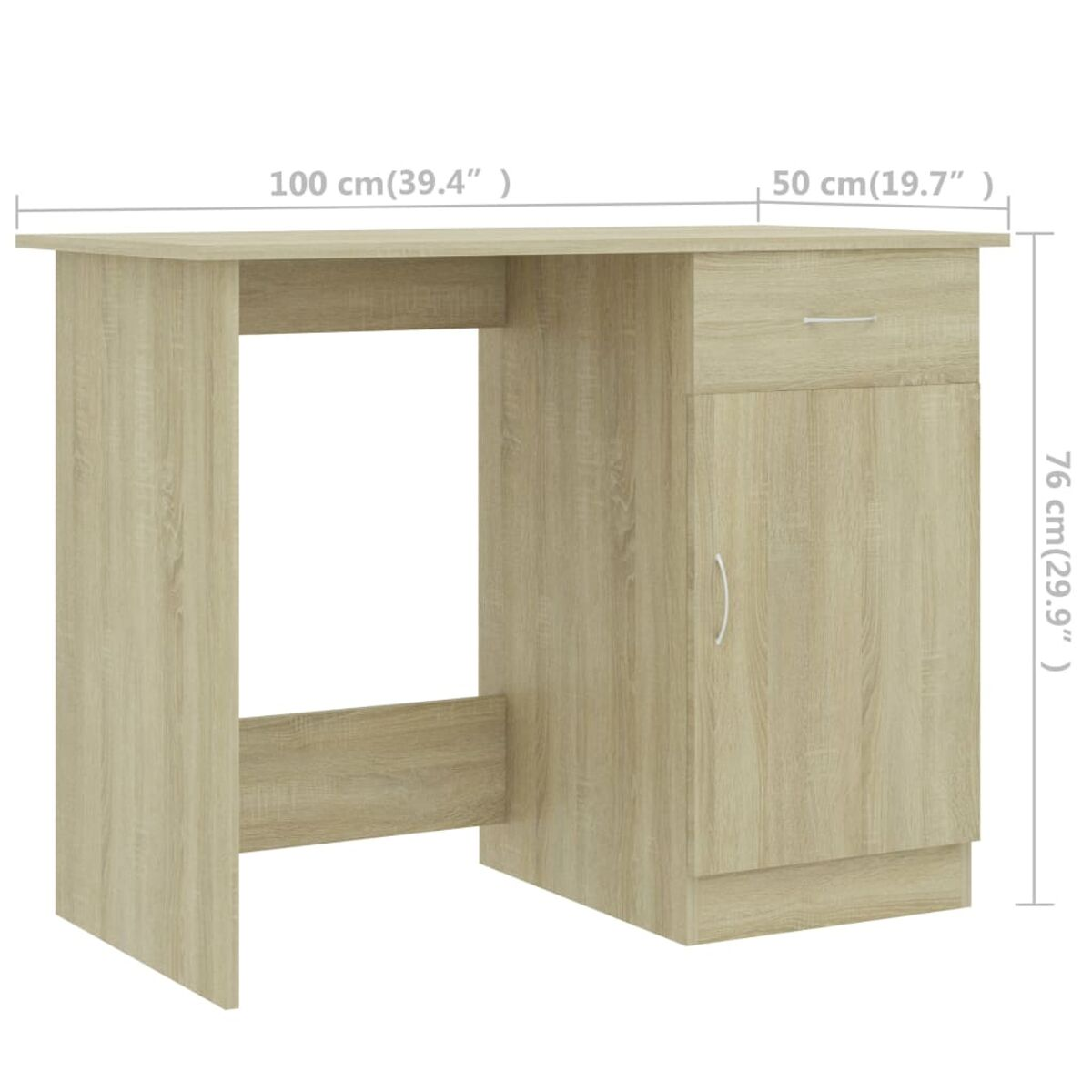Holzschreibtisch mit Schublade, Schrank und offenem Beinraum; Maße beschriftet.