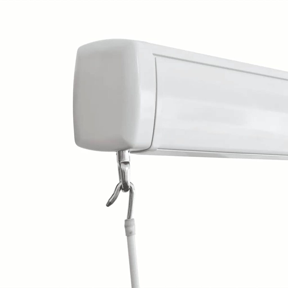 Weißes, rechteckiges Gehäuse für eine ausziehbare Leinwand, mit Metallhaken und Draht.