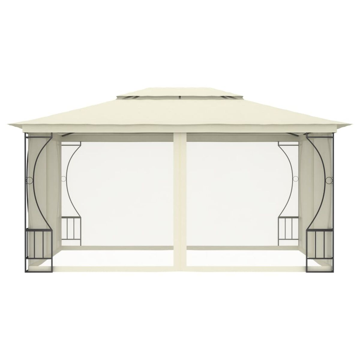Cremefarbener Pavillon mit Netzseiten. Schwarzer Rahmen. Isoliert auf weißem Hintergrund.