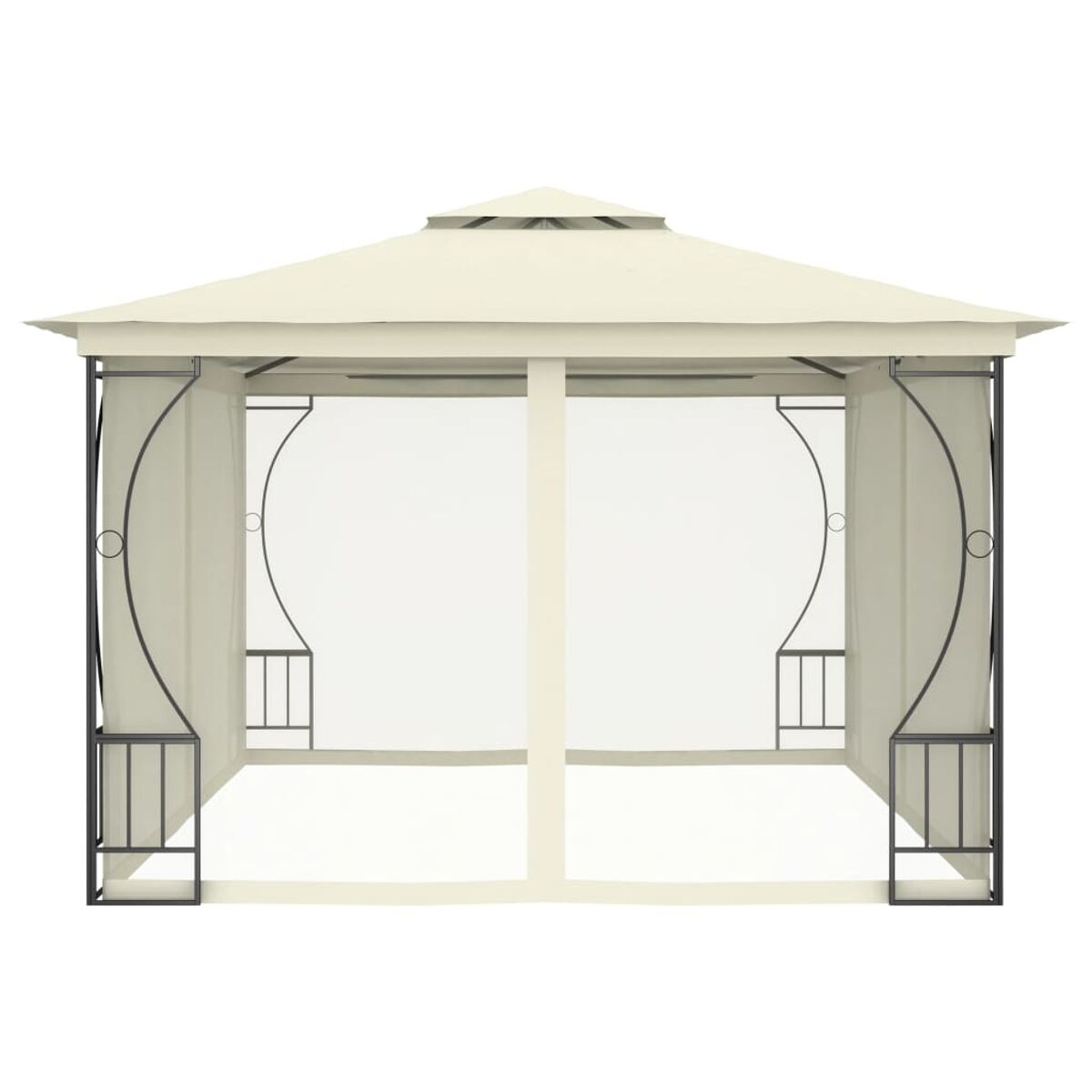 Beiger Pavillon mit spitzem Dach, schwarzem Metallrahmen und weißem Netz, vor weißem Hintergrund.