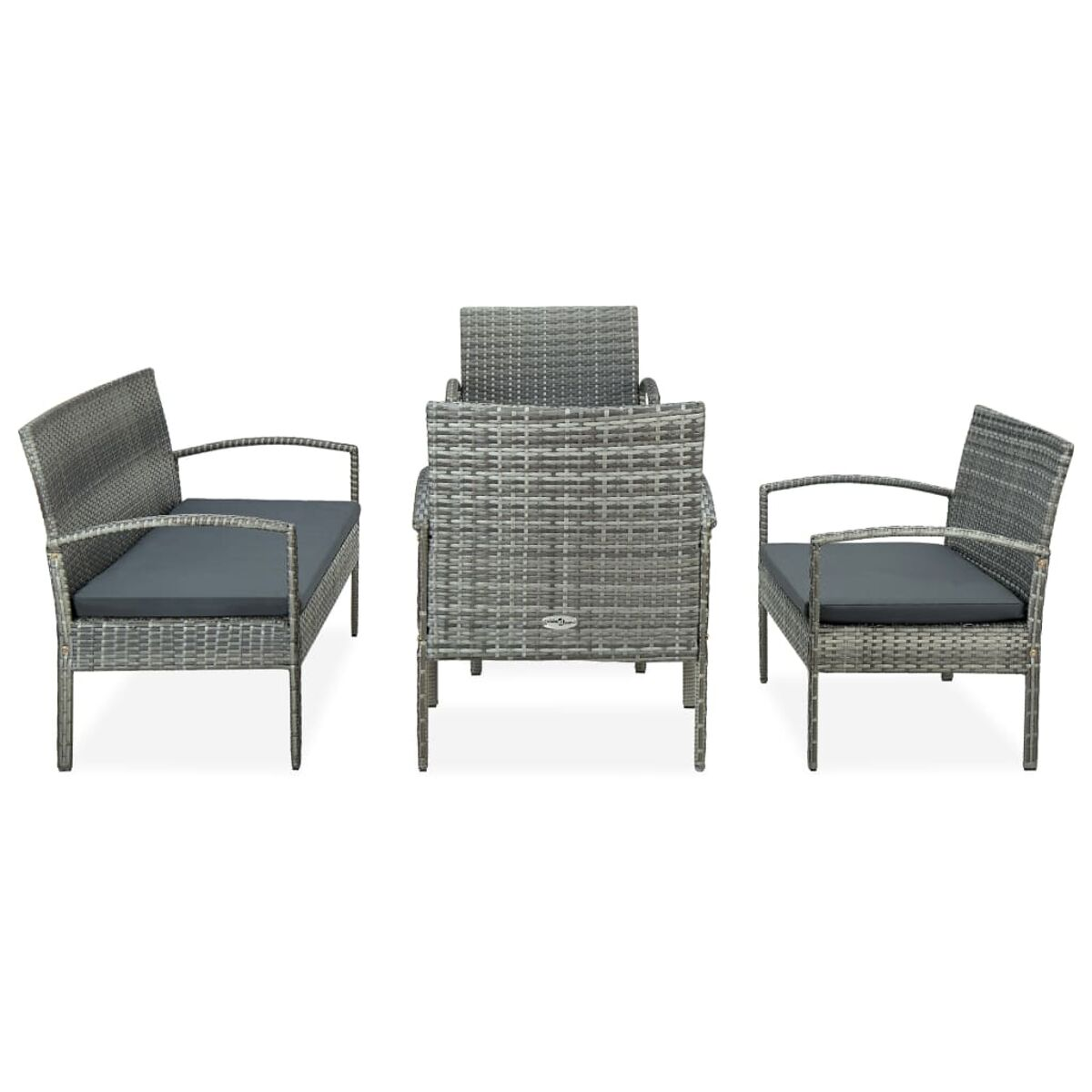 Graues Rattan-Gartenmöbel-Set. Drei Stühle, ein Sofa.