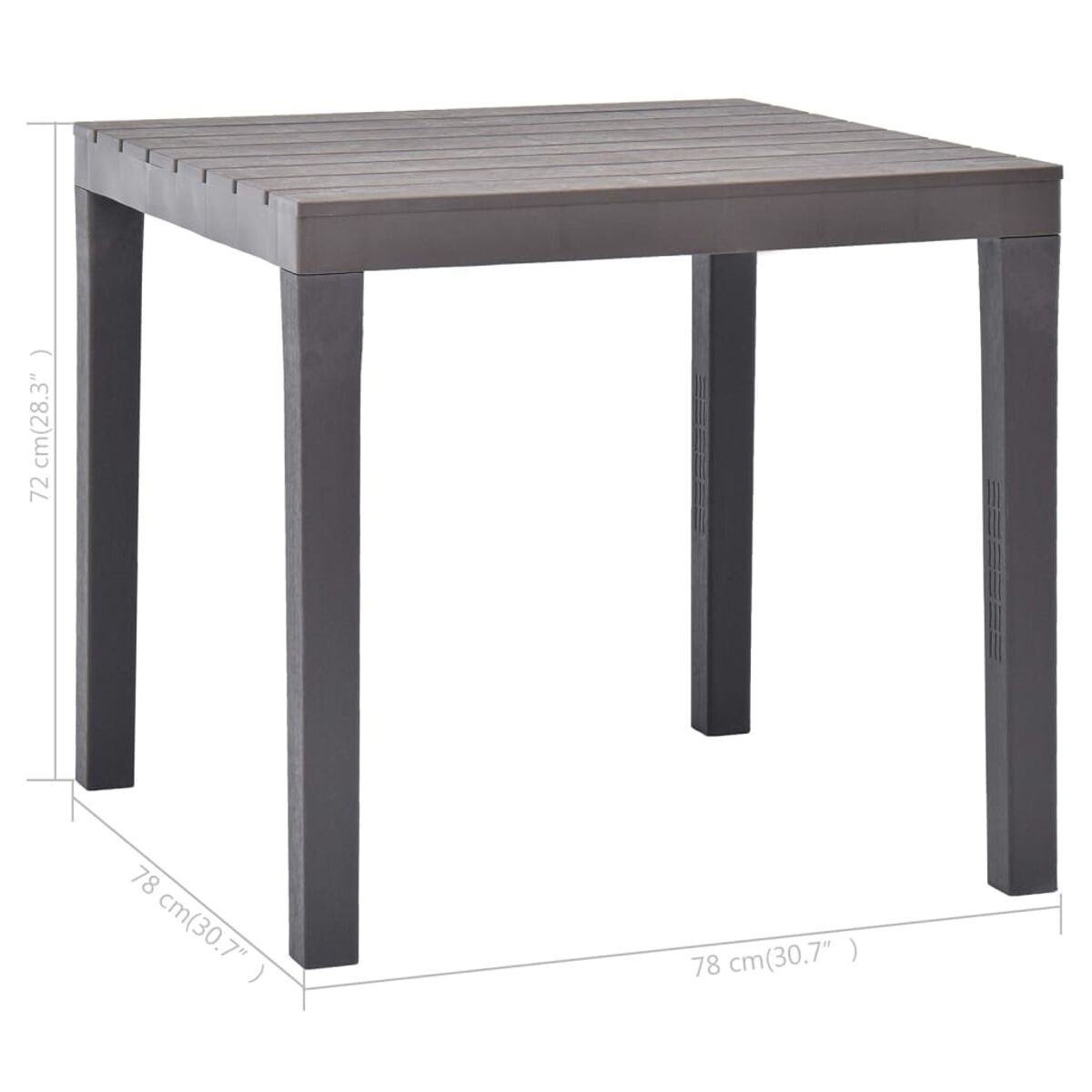 Ein quadratischer grauer Tisch mit abgebildeten Abmessungen.