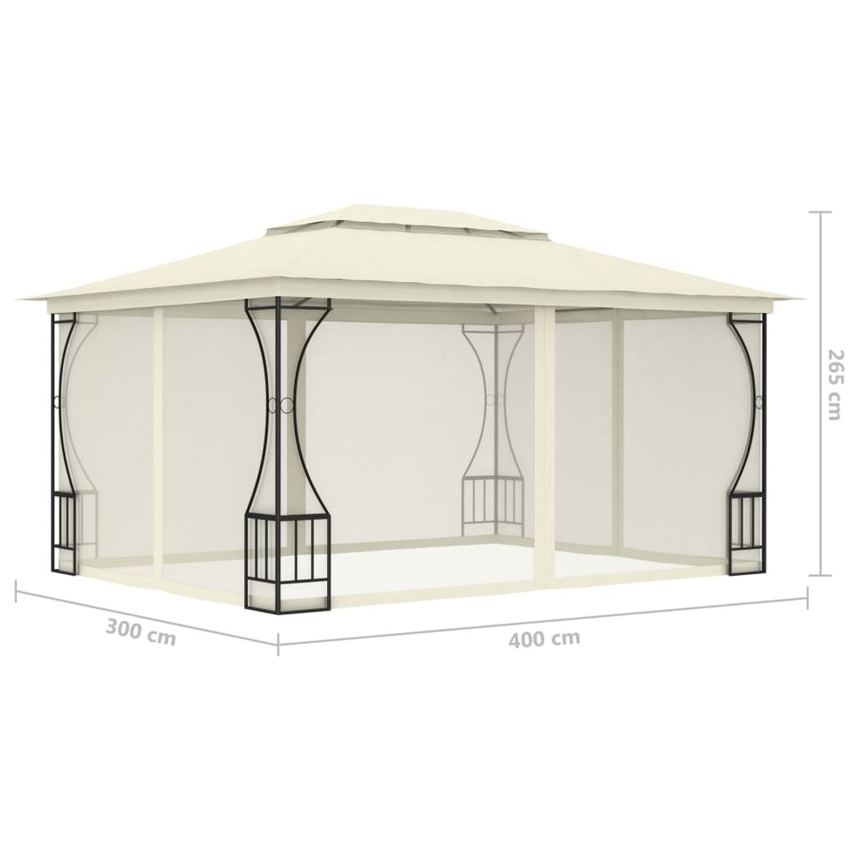 Weißer Pavillon mit beigem Dach und Gittern. Maße 300 cm x 400 cm x 265 cm.