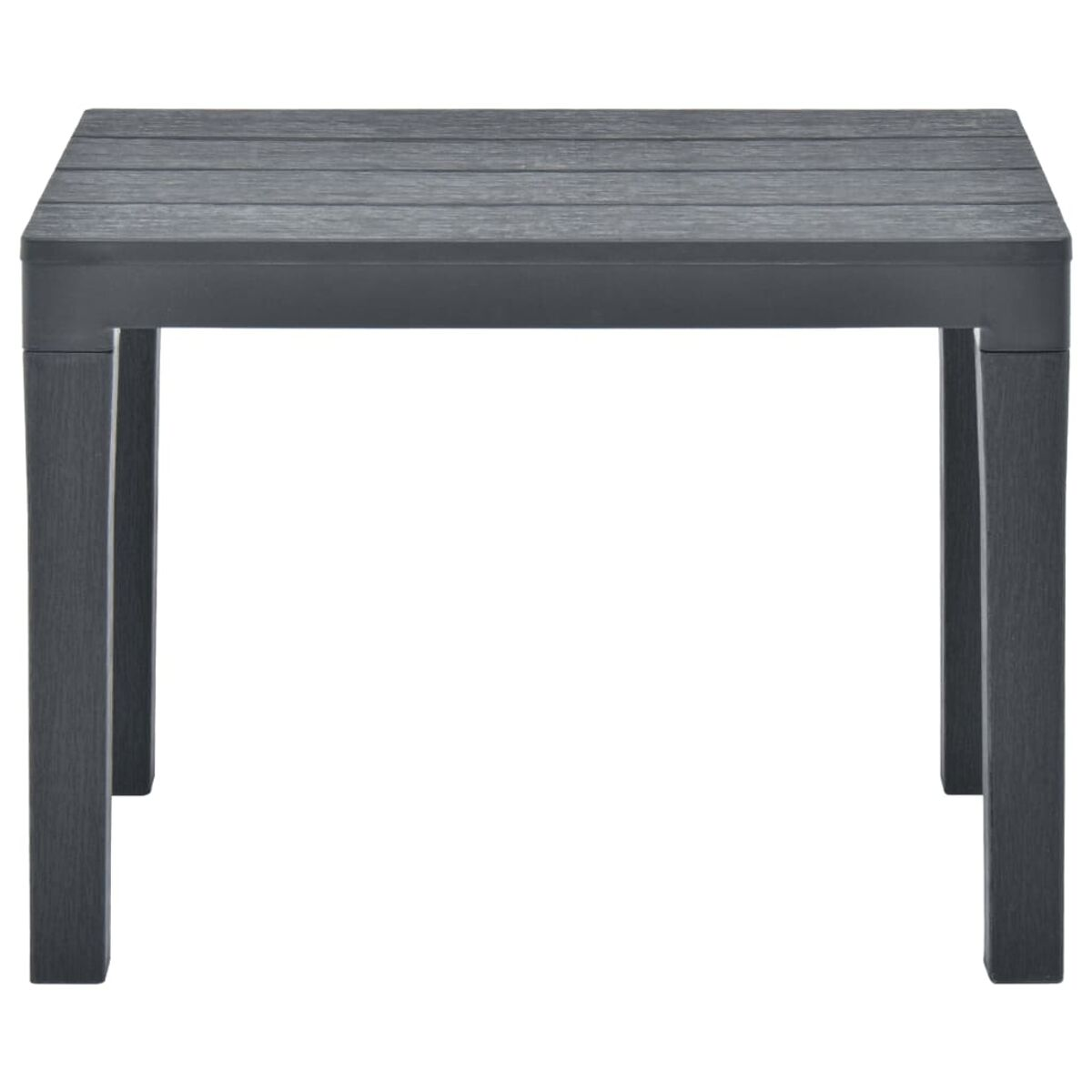 Ein grauer quadratischer Tisch aus Holzlatten.