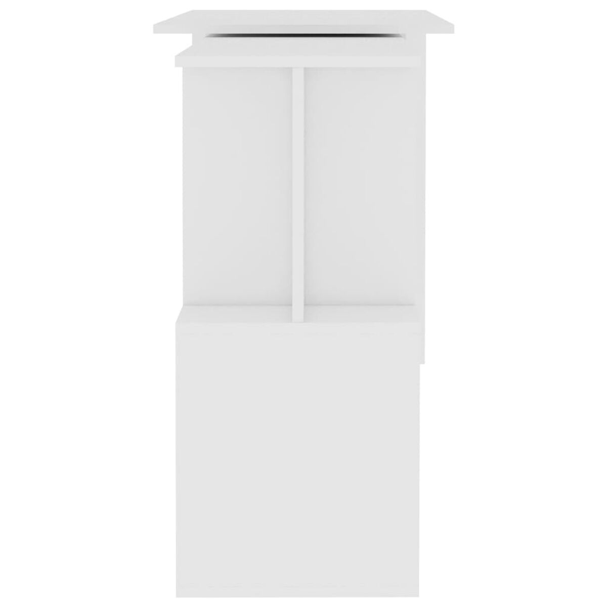 Weißer Schrank mit zwei Abschnitten. Der Schrank hat einen oberen und einen unteren Abschnitt.