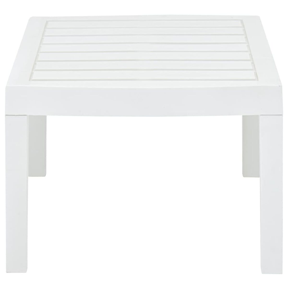 Weißer quadratischer Couchtisch. Lamellendesign, vier Beine und eine weiße Oberfläche. Isoliert auf Weiß.