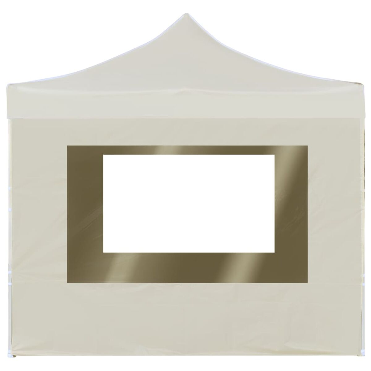 Zeltwand mit rechteckigem Fenster. Das Zelt ist beige und hat einen weißen Rahmen.