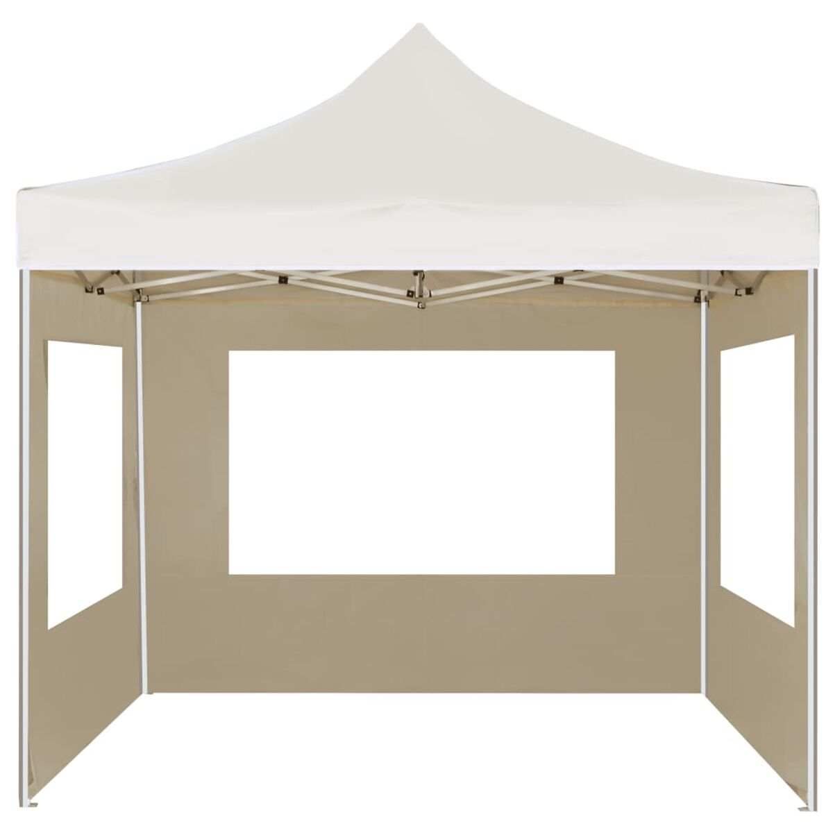 Beige Outdoor-Zelt mit Fenstern. Weißer Rahmen, beiger Stoff. Weißer Hintergrund.