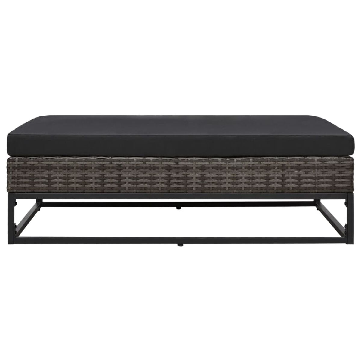 Eine schwarze Ottoman aus Weide mit einem schwarzen Kissen. Es hat eine rechteckige Form und ein schwarzes Metallgestell.