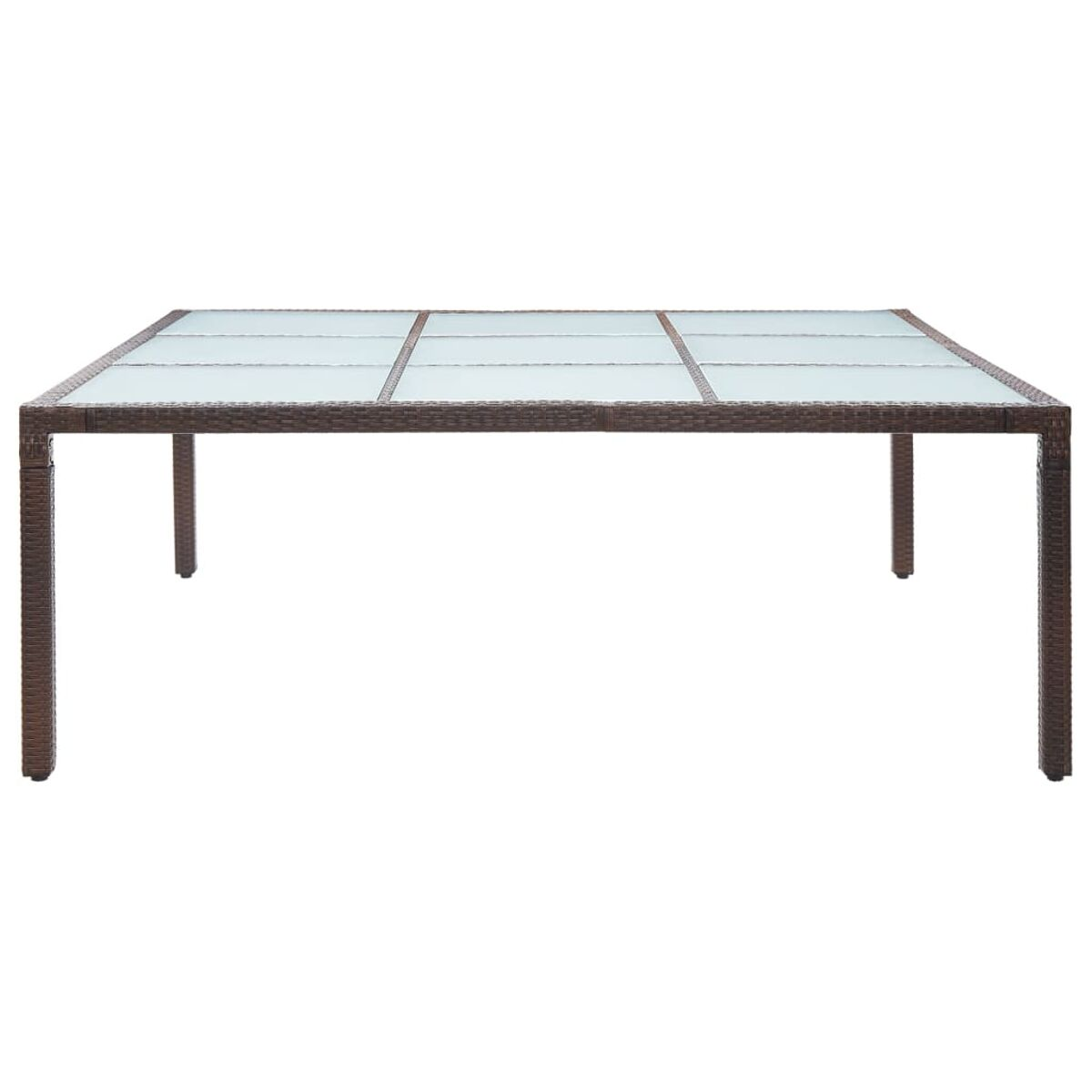 Ein brauner rechteckiger Korbtisch mit Glasplatte und Metallbeinen.