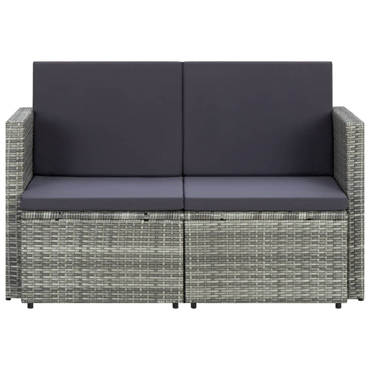 Graues, gewebtes Sofa für draußen mit zwei Sitzkissen und einer dunkelgrauen Rückenlehne.