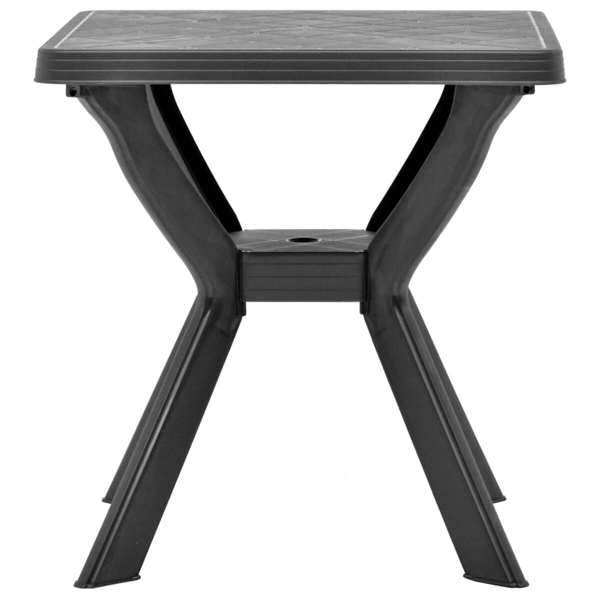 Schwarzer quadratischer Kunststofftisch mit X-förmigen Beinen, schlichtes Design.