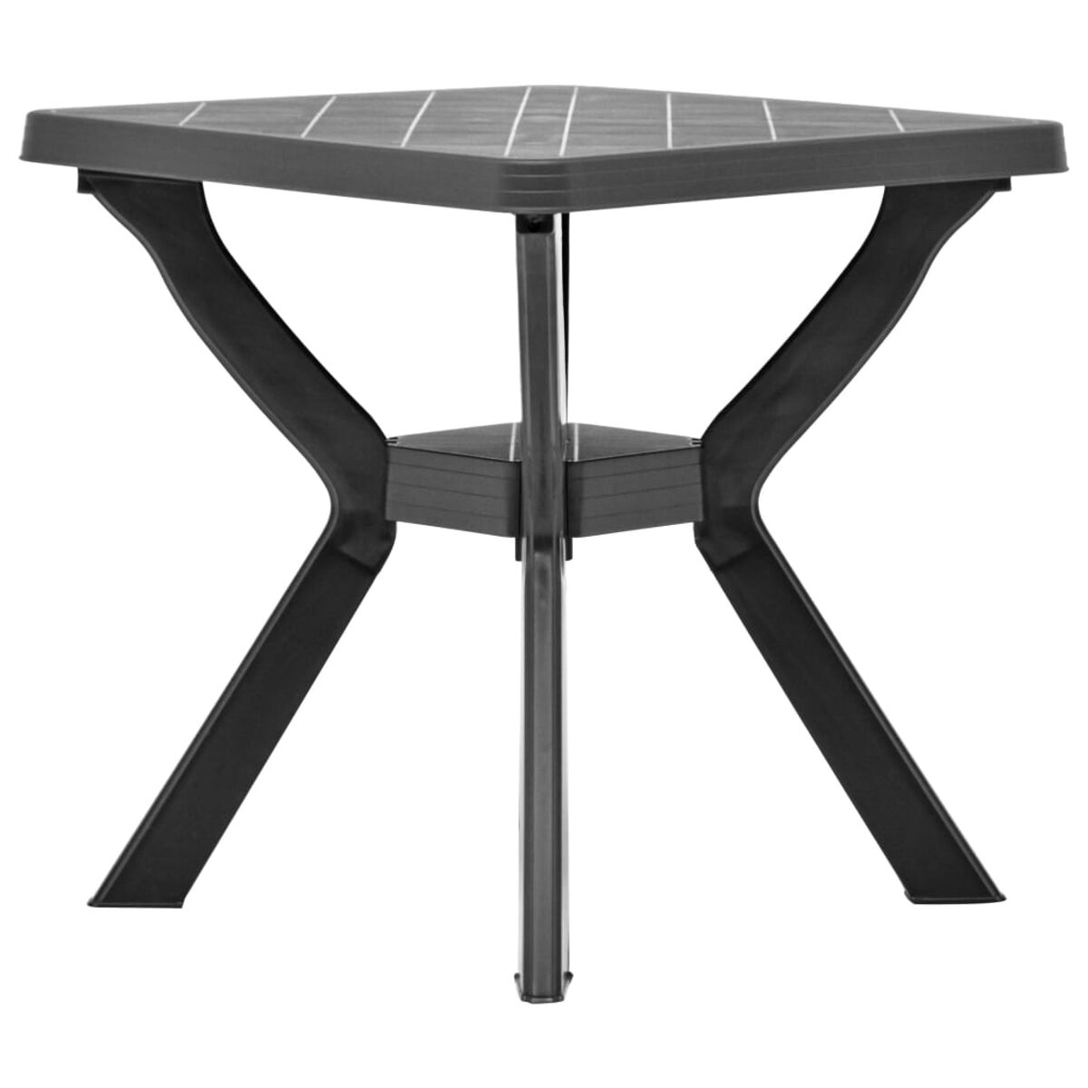 Dunkelgrauer quadratischer Tisch mit einzigartigem Bein-Design. Weißer Hintergrund.