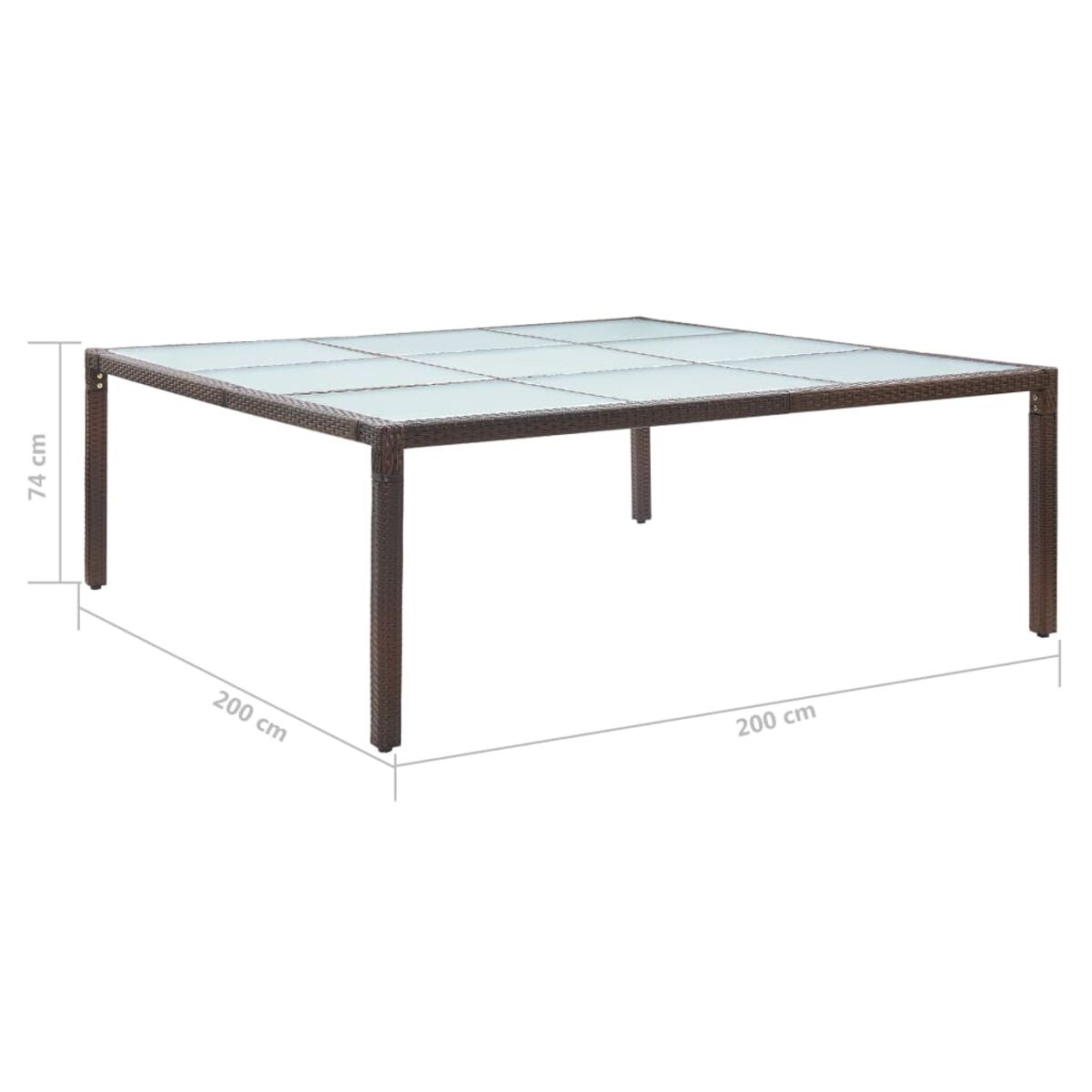 Großer brauner Korbtisch mit Glasplatte. Maße: 200cm x 200cm x 74cm.