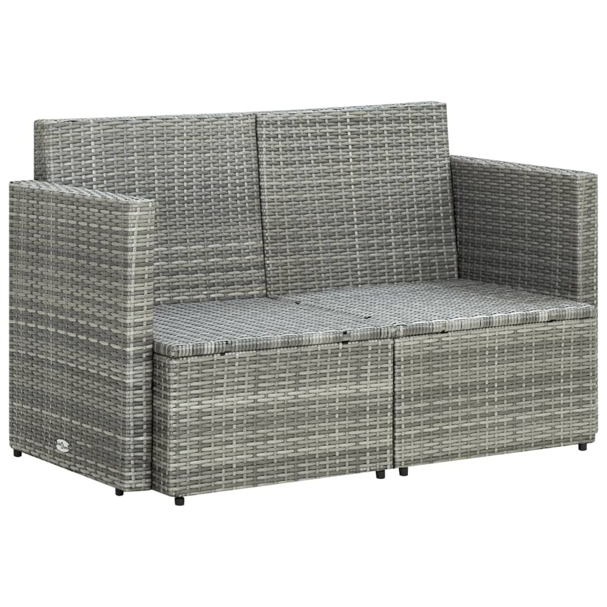 Zweisitziges graues, gewebtes Sofa. Das Sofa ist modular aufgebaut.