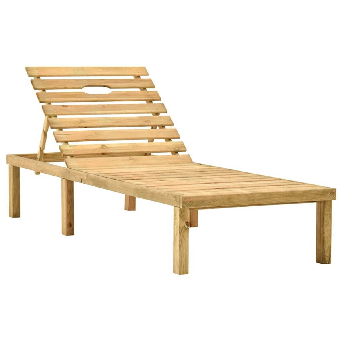 Chaise Longue aus Holz mit verstellbarer Rückenlehne, auf weißem Hintergrund.