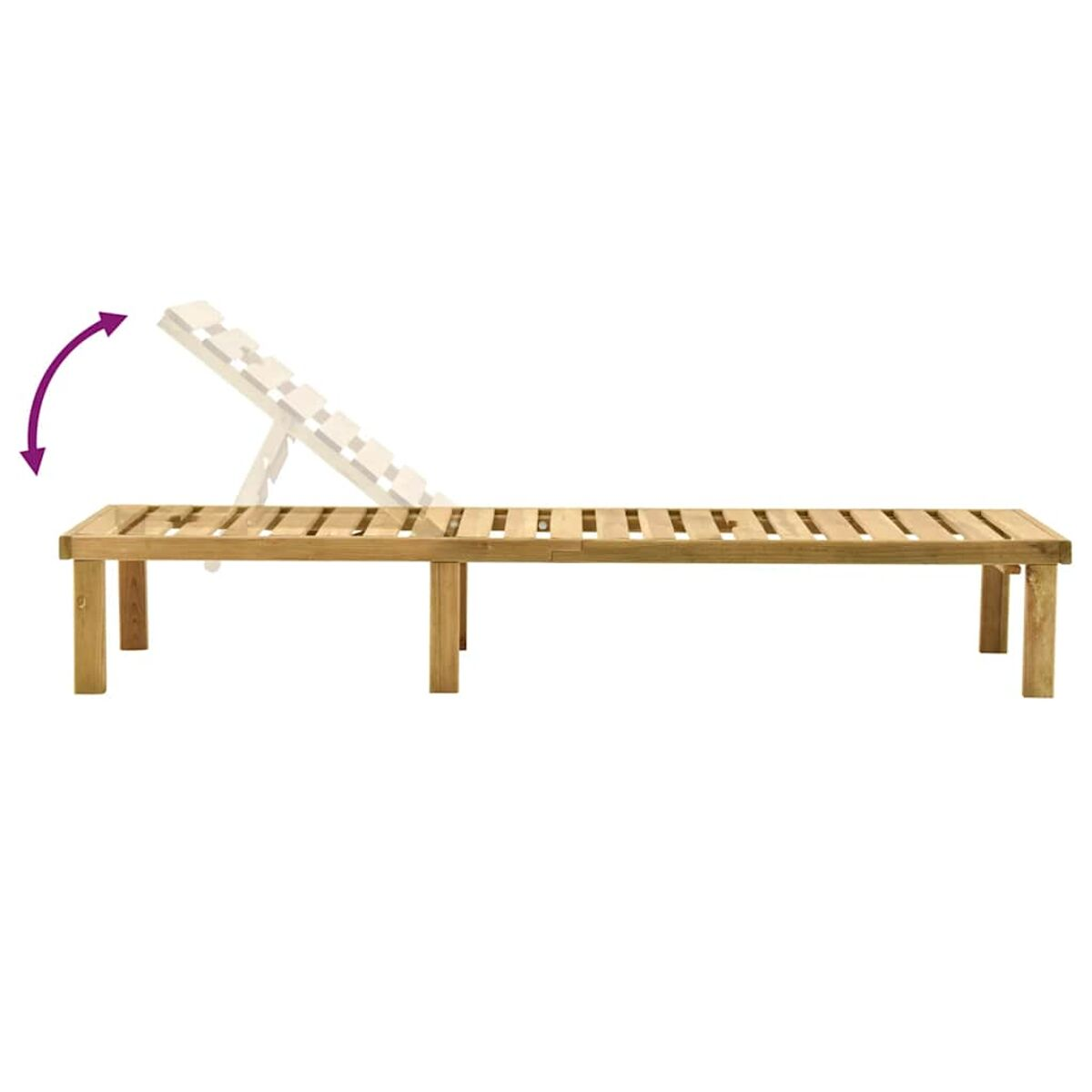 Holz-Outdoor-Liegestuhl mit verstellbarer Rückenlehne; Pfeil zeigt Verstellrichtung.