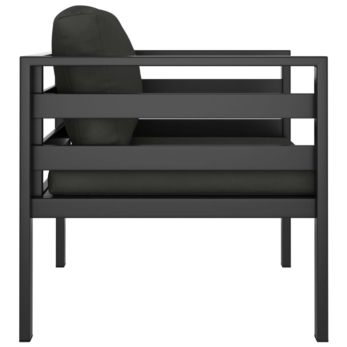 Schwarzes Outdoor-Sofa mit grauen Kissen. Metallrahmen und horizontale Lamellen. Seitenansicht.