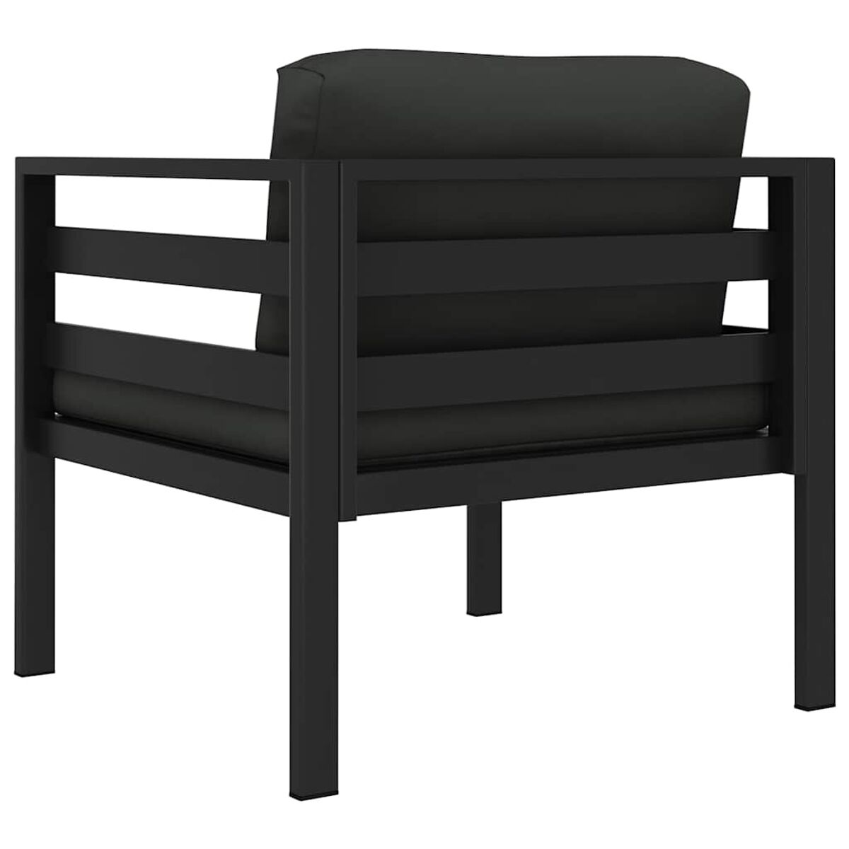 Schwarzer Outdoor-Stuhl mit schwarzen Kissen, Rückansicht.