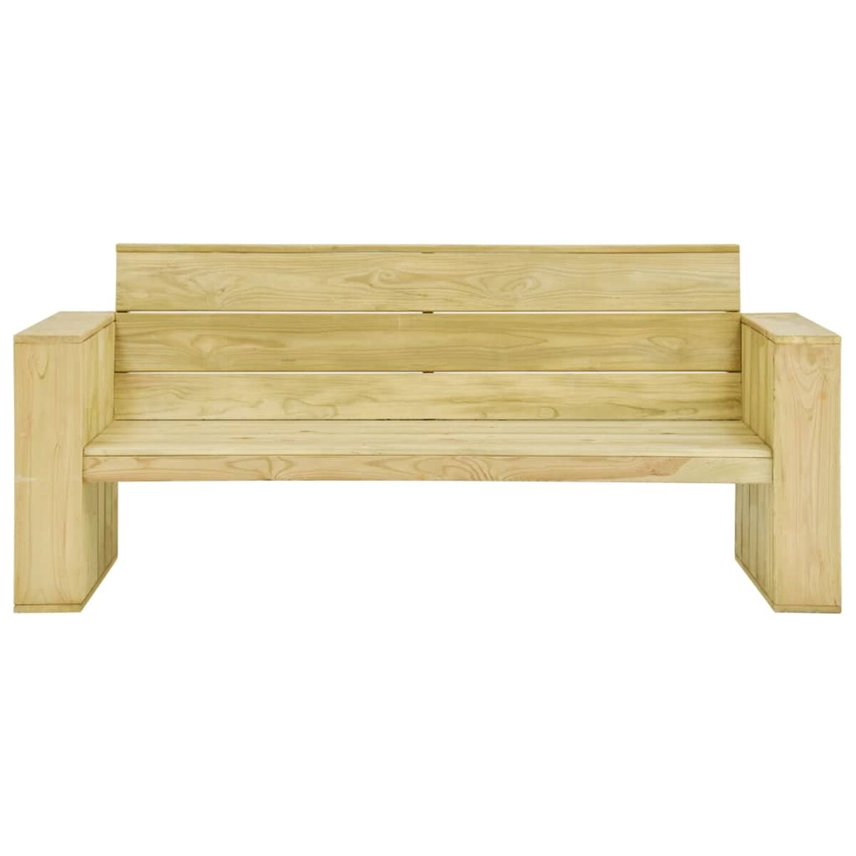 Eine Holzbank mit einfachem Design. Die Bank hat eine Rückenlehne und Armlehnen, die aus geraden Brettern bestehen.