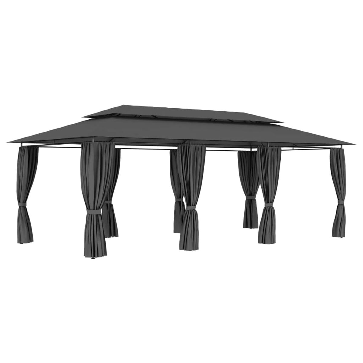 Grauer Pavillon mit Vorhängen auf weißem Hintergrund.