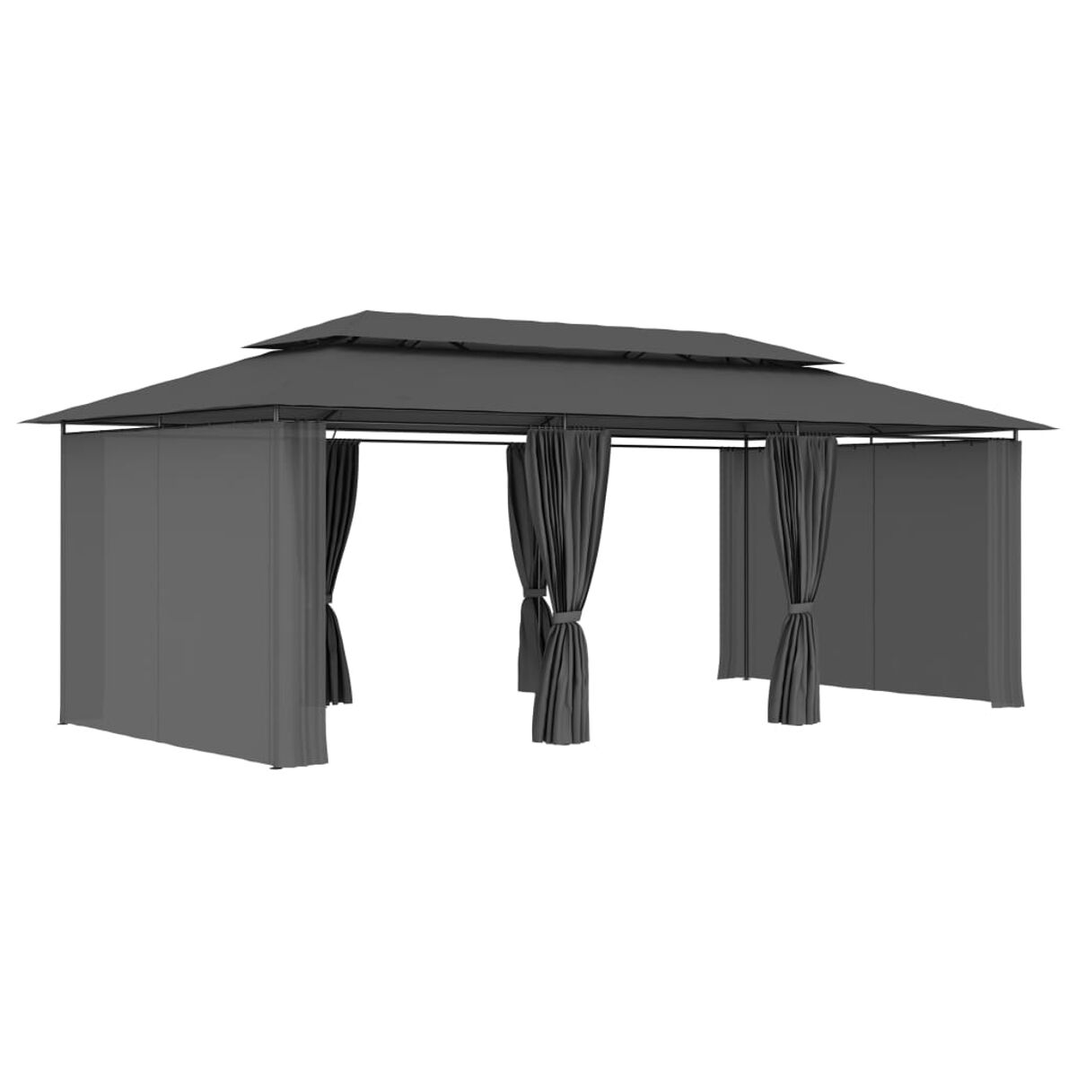 Ein grauer Pavillon mit Vorhängen, vor weißem Hintergrund.